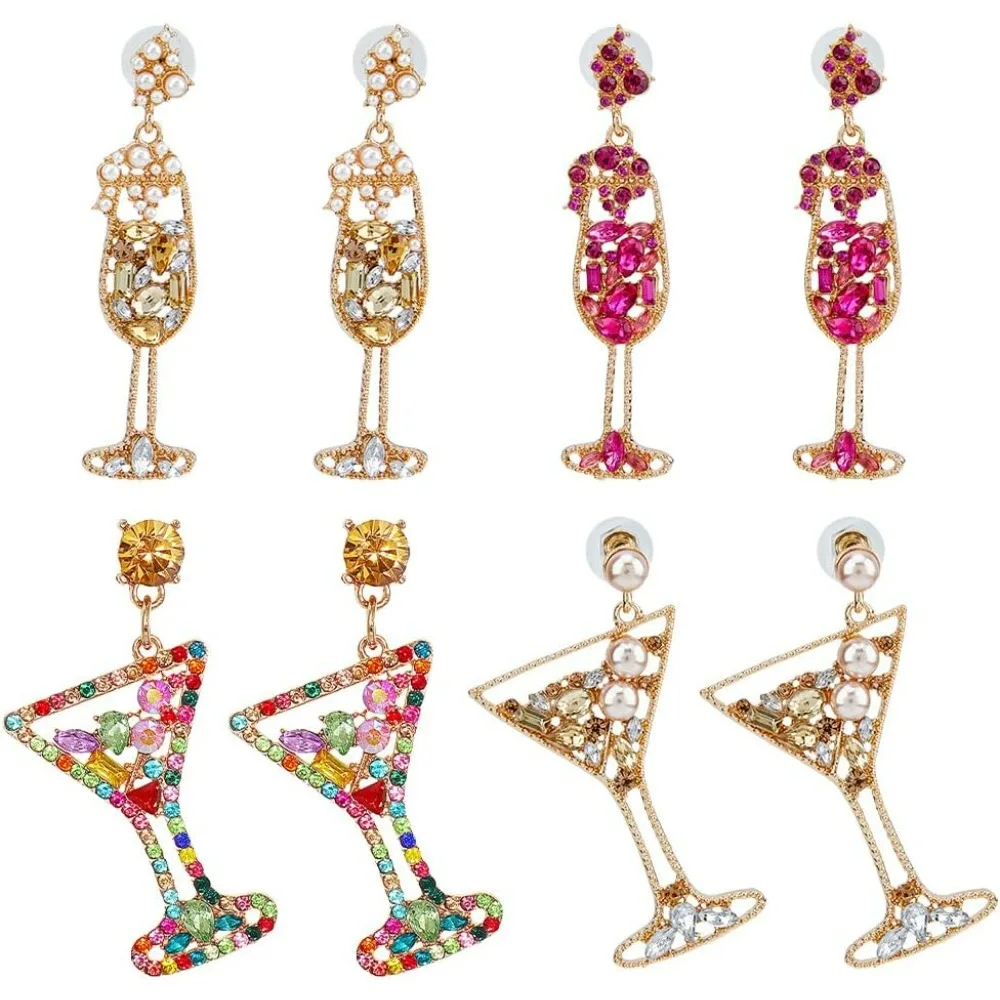 4 Styles Rhinestone Champagne Bottle Stud Earrings Long Martini Wine Glass Dangle Earrings Lovely Cocktail Earrings making kit