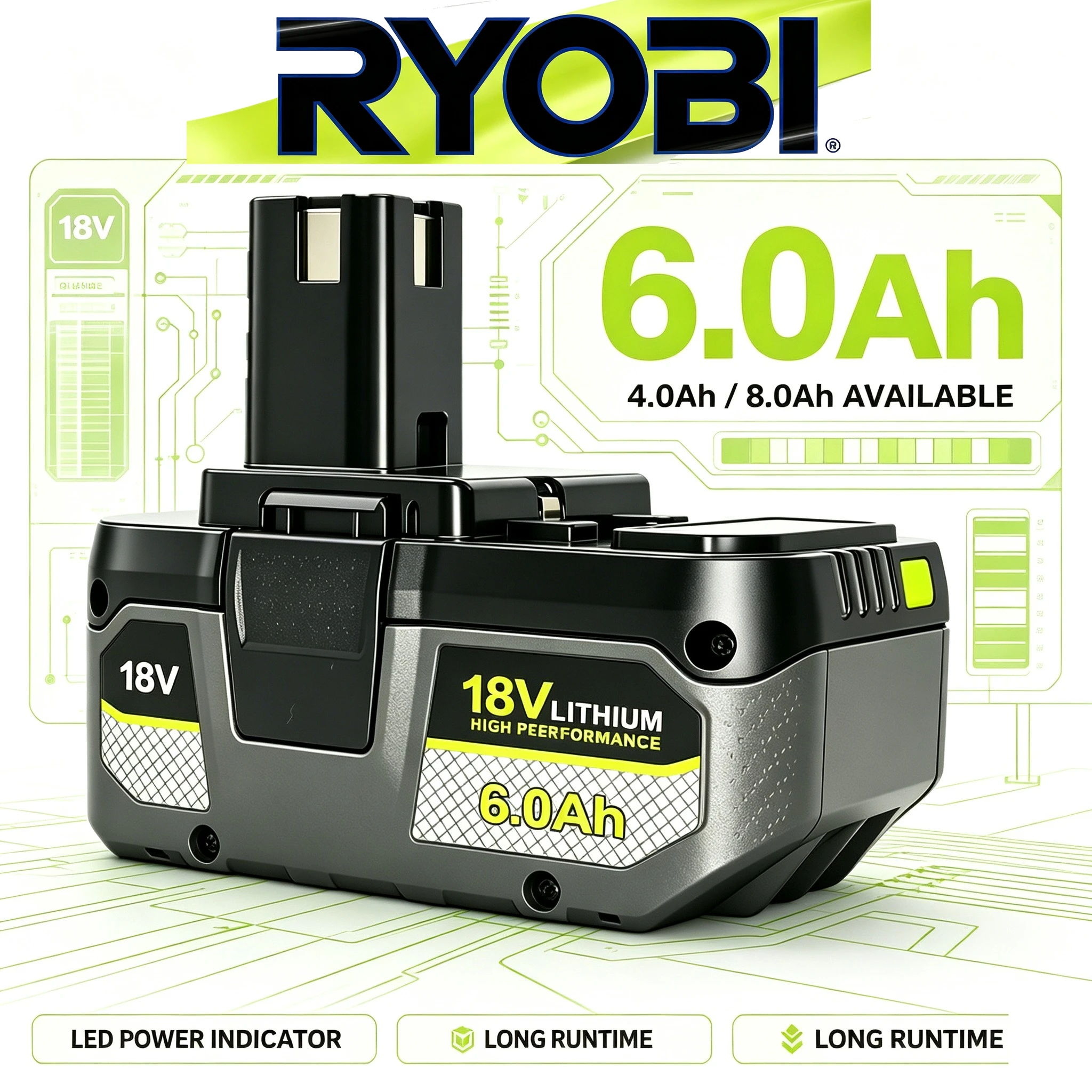 RYOBI 6.0Ah Lithium Ion 18V Multi Safety Battery for Cordless Angle Grinder Portable Practical Construction Working Power Supply
