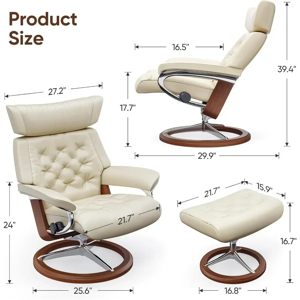 Deck chair Swivel Recliner with Adjustable Back Genuine Leather Ergonomic Lounge Chair w/Footrest for Living Room,Bedroom,Office