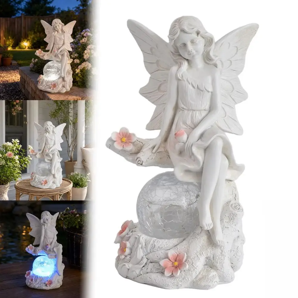 Charming Solar Powered Resin Statue Soft Light Sturdy Angel Figurine Lovely Premium Resin Solar Angel Flower Bed