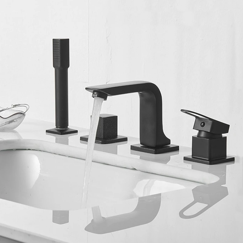 

4Pcs/Set Black Brass Bathtub Faucet With Handheld Shower Diverter Pull Out Shower Head Widespread Tub Sink Tap Hot Cold Mixer