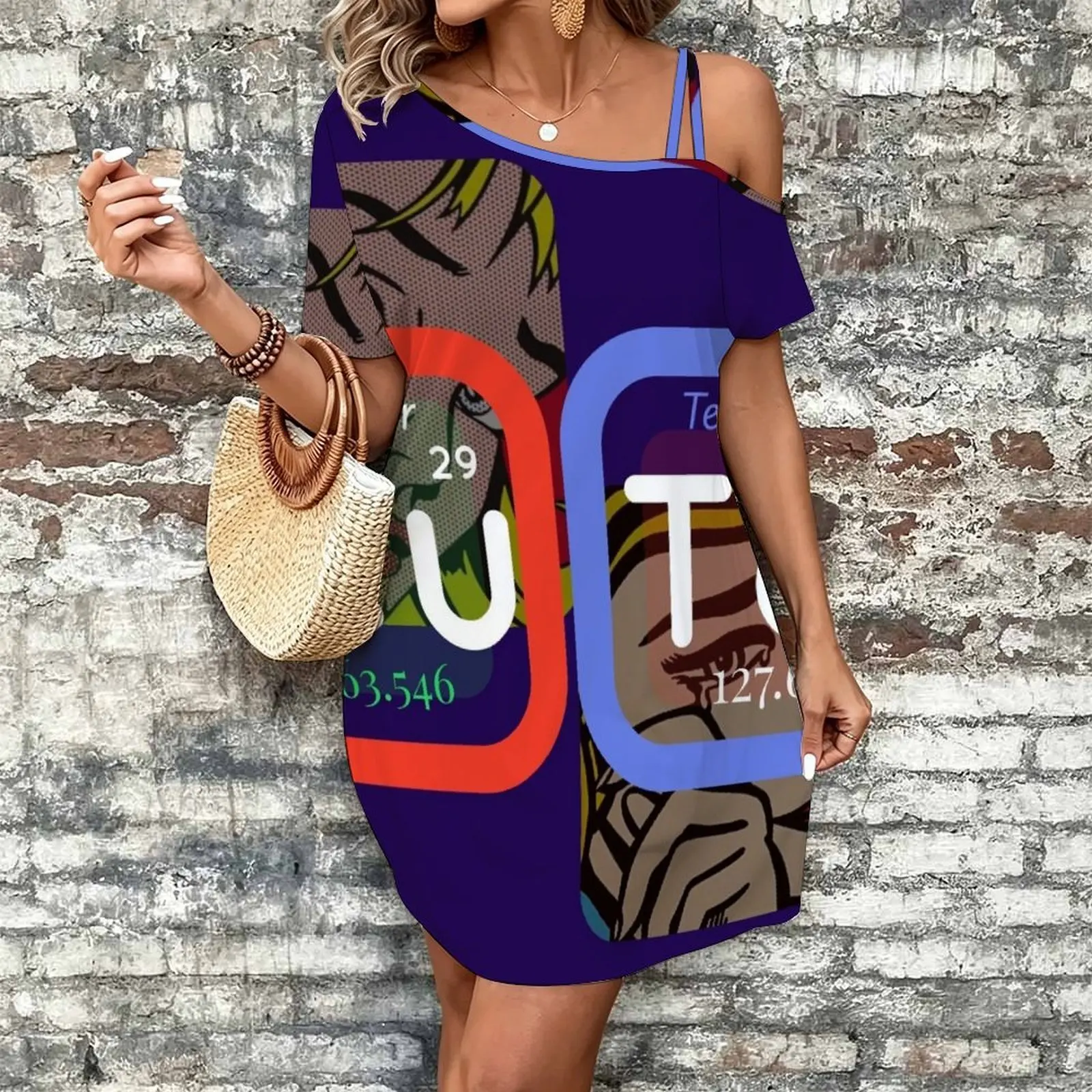 Cute Science Women's Slanted Shoulder Single Strap Short-Sleeved Dress