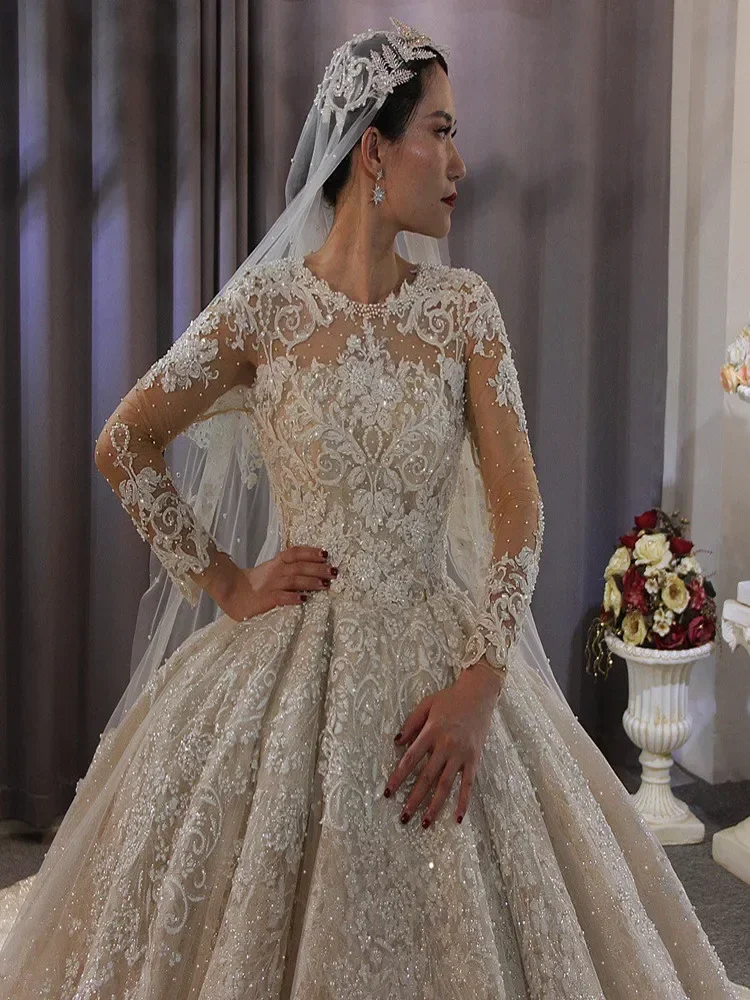 Robe de Mariée Personnalisée à Col Rond et Perles, Tenue à Manches sulf, Grande Taille, Dos Ouvert, pour Patients de Luxe