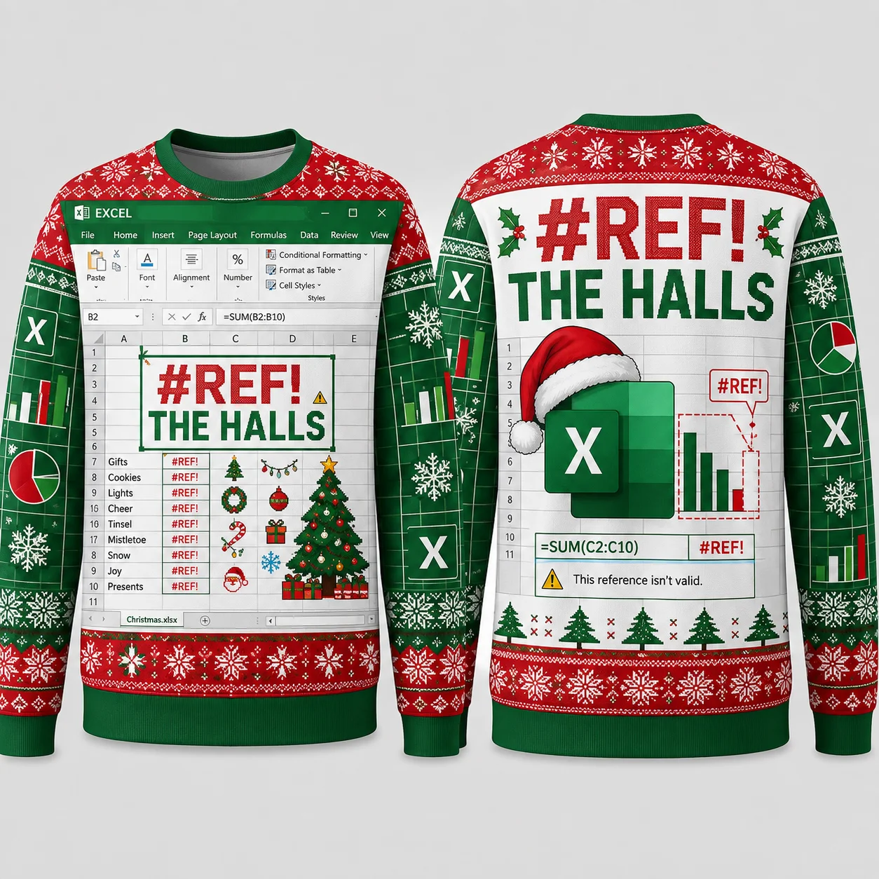 Ugly Christmas Sweater Funny Excel Spreadsheet Formula Crewneck Sweatshirt Polyester 3D Graphic Xmas Pullover Holiday Top