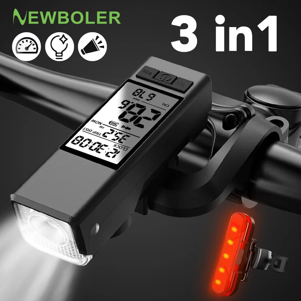 NEWBOLER 3 in 1 Bike Light Bicycle Computer Flashlight LED Bike Front Light Cycling Horn Waterproof USB Headlight Riding Lamp