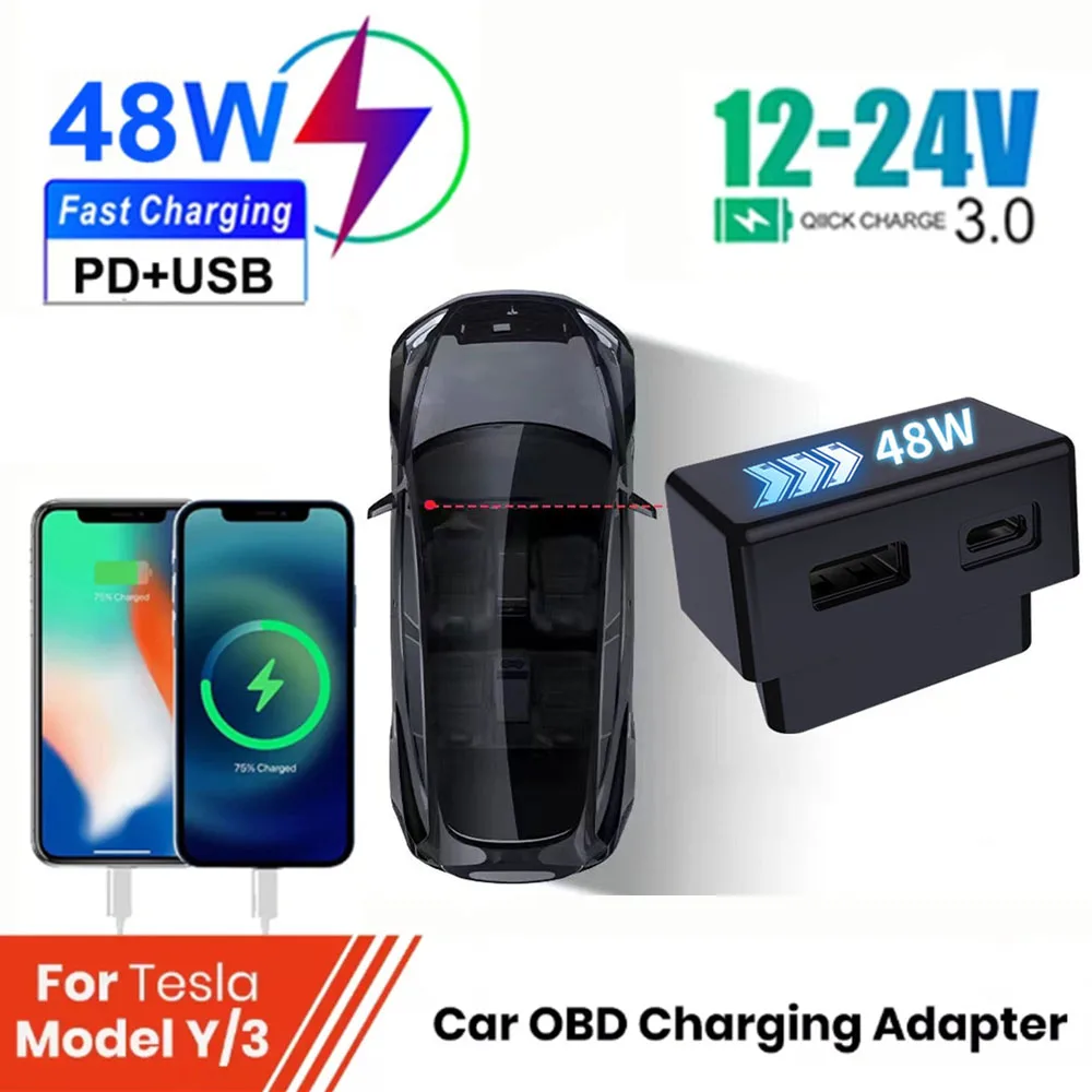 

OBD Adapter Car Charging For Tesla Model 3 Y X S obd2 Splitter Charger Adapters Accessories Extender Phone PD USB Fast Charging