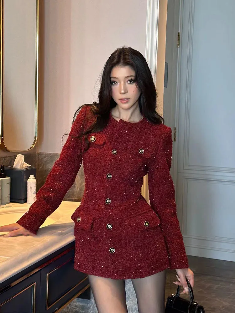 New 2025 Autumn Winter French Fashion High-end Retro Burgundy Dress Women's Long-sleeved Elegant OL Party Short Dress