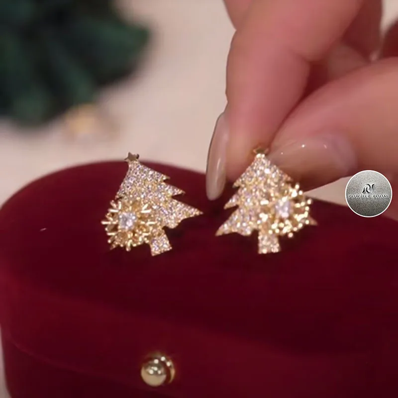 Korean Crystal Snowflake Tree Earrings for Women Zircon Christmas Tree Stud Earrings Delicate Ear Piercing Christmas Jewelry