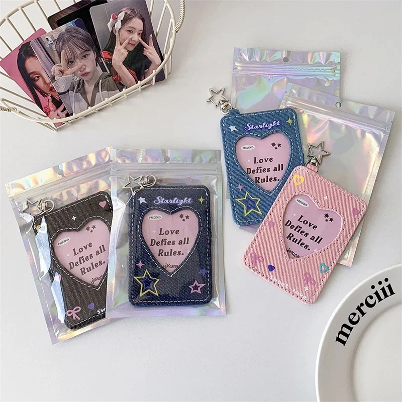 

Women's Handbag Cute Y2K Denim Star Card Holder Love Heart Keychain Photocard Case Backpacks Hanging Girl ID Card Storage Cover