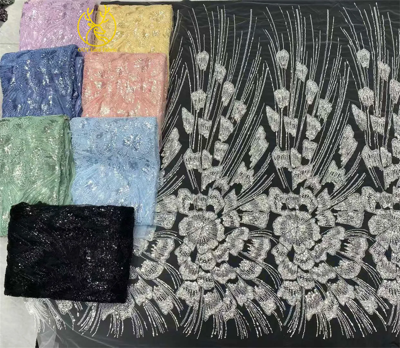 Luxuriöser Afrikanischer Pailletten-Perlen-Spitzenstoff 5 Yards Französischer Nigerianischer Tüll-Spitzenstoff Geeignet für Hochzeiten und Näharbeiten – Detail 20