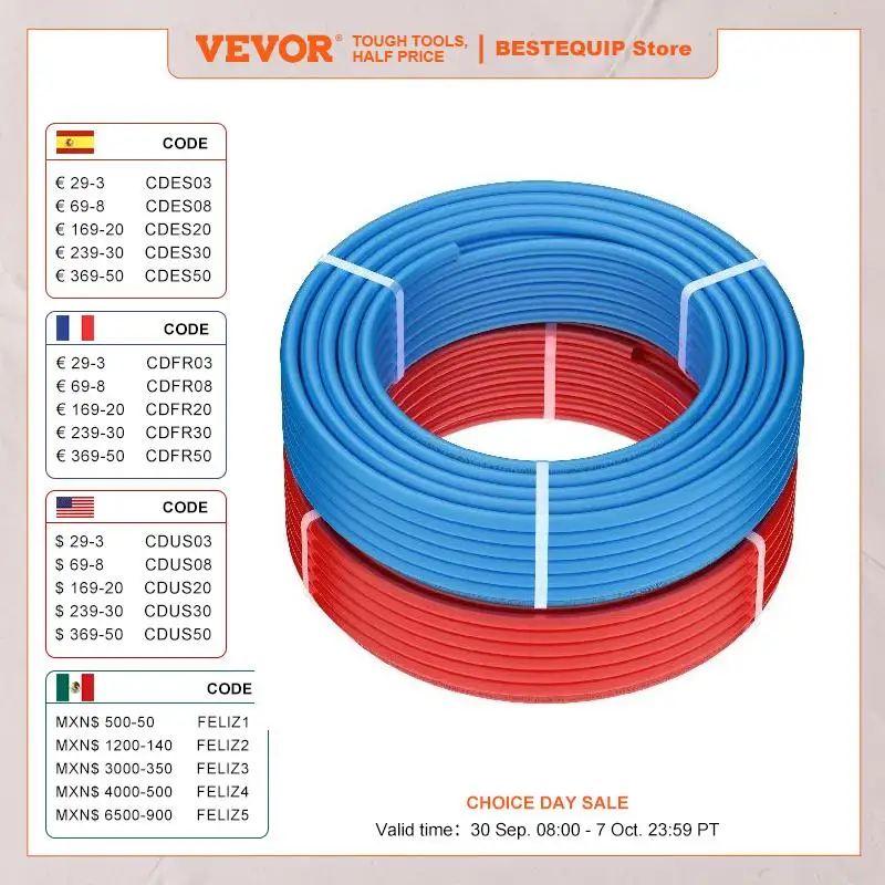 VEVOR PEX Pipe 1/2 Inch 2x100 Feet Length PEX-A Flexible Pipe Tubing Blue Red For Potable Water Hot/Cold Water Easily Restore