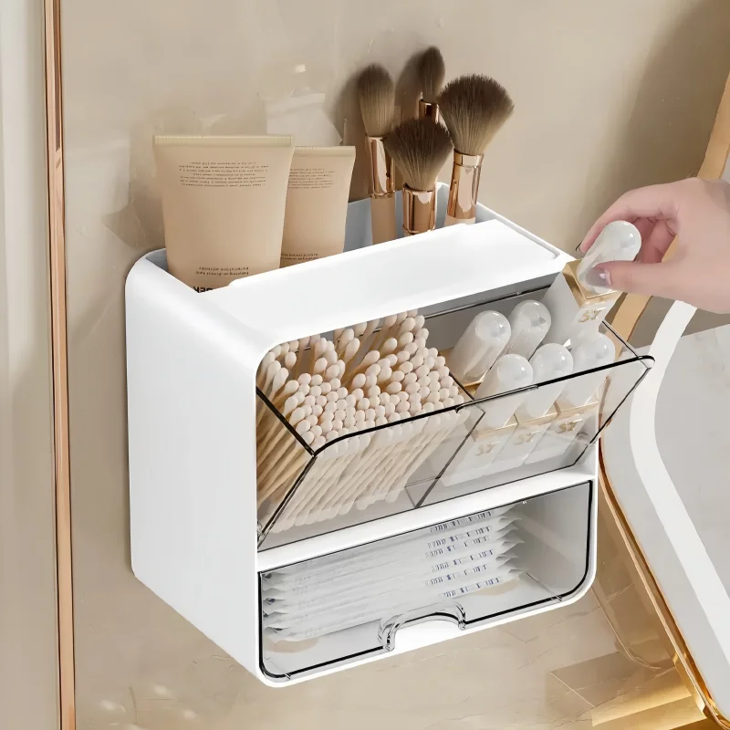 Face Mask Storage Box - 8点セット、壁掛け式とカウンター用の両用美容収納ラック1個、縦型収納トレイ1個、小型ジュエリー収納ボックス6個、透明フリップトップ引き出し付き二層防塵化粧品収納ボックス、多区画防水バスルームアクセサリー収納ラック、綿棒、フェイスマスク、スキンケア製品、メイク道具を収納可能、バスルームの洗面台キャビネット収納に最適