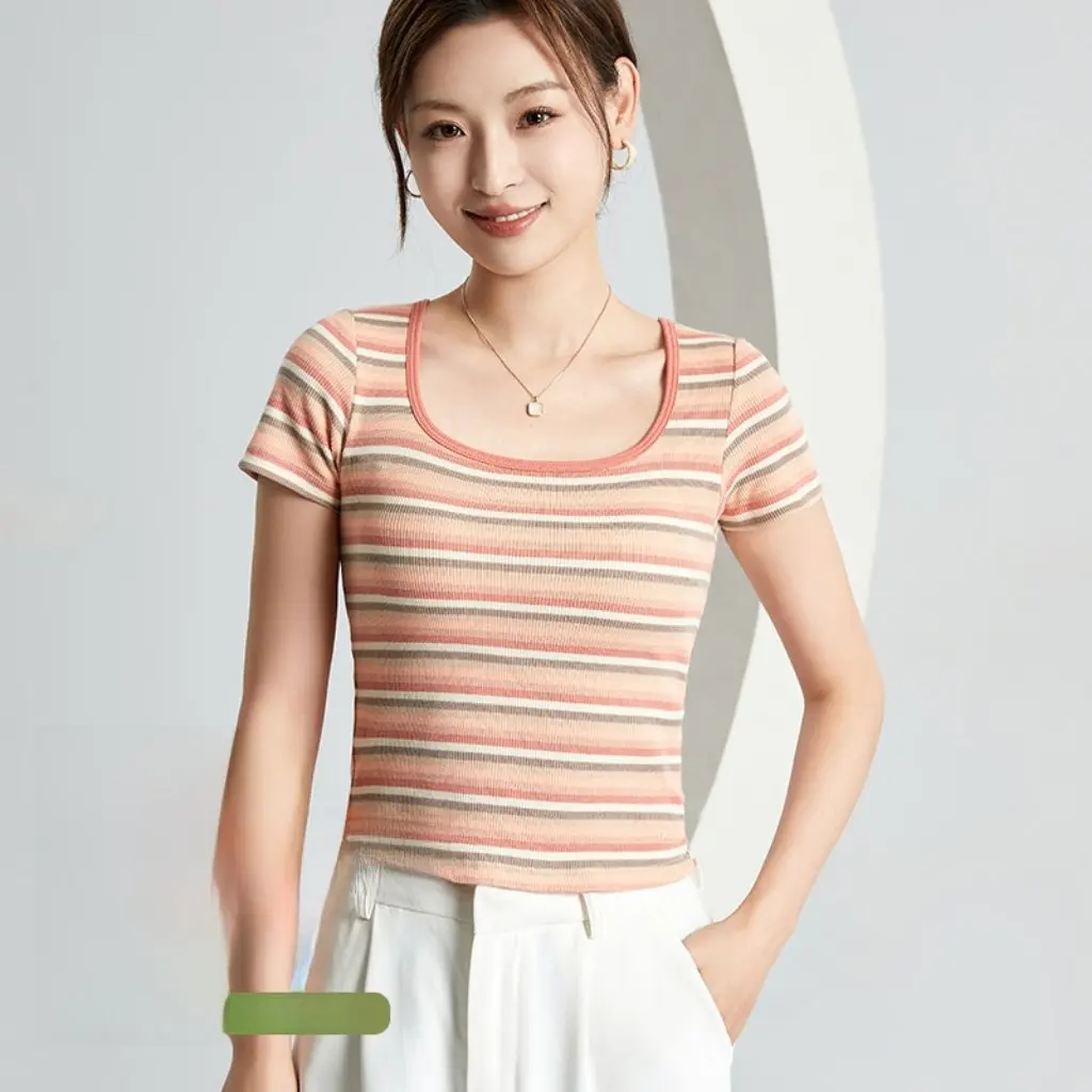 

Women's Summer Square Collar Gradient Short-Sleeved T-Shirt with Chest Pad One-Piece Inner Wear Bottoming Bra Top Style