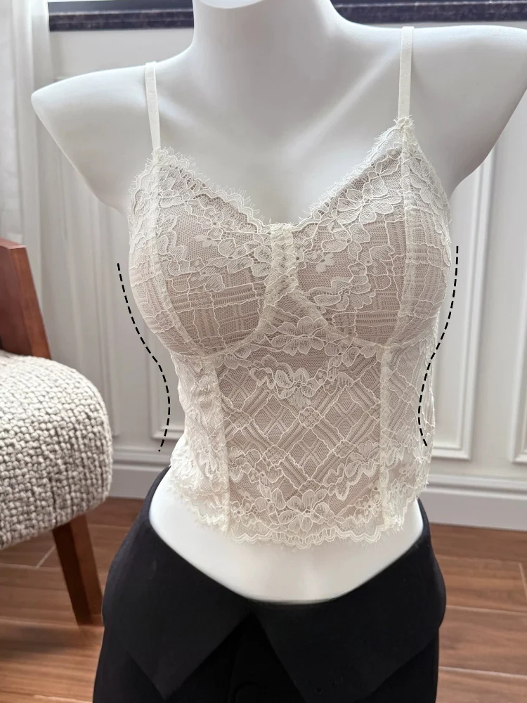 

Premium French Lace Halter Top for Women,Integrated Chest Pad,Slim Fit Beauty Back,Breathable Inner & Outer Wear White Basic Top