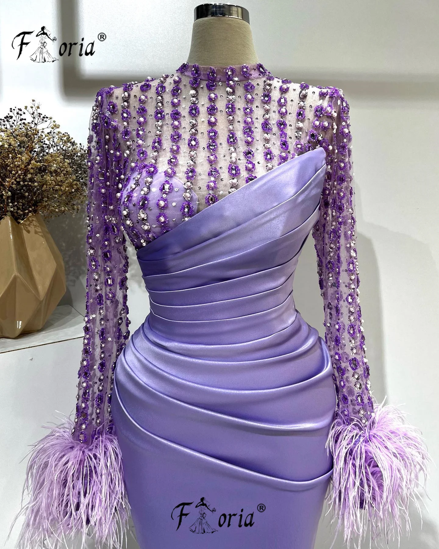 Lindo contas de cristal roxo formal vestido de festa dubai mangas compridas penas cetim cerimônia vestidos de baile de noite