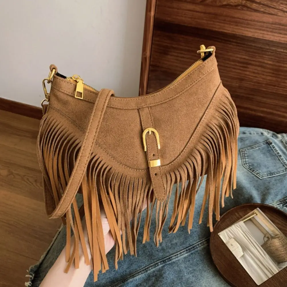 

Fashion Korean Style Tassel Shoulder Bag Rivet PU Leather Suede Crossbody Bag Bohemian Style Vintage Ethnic Style Handbag Travel