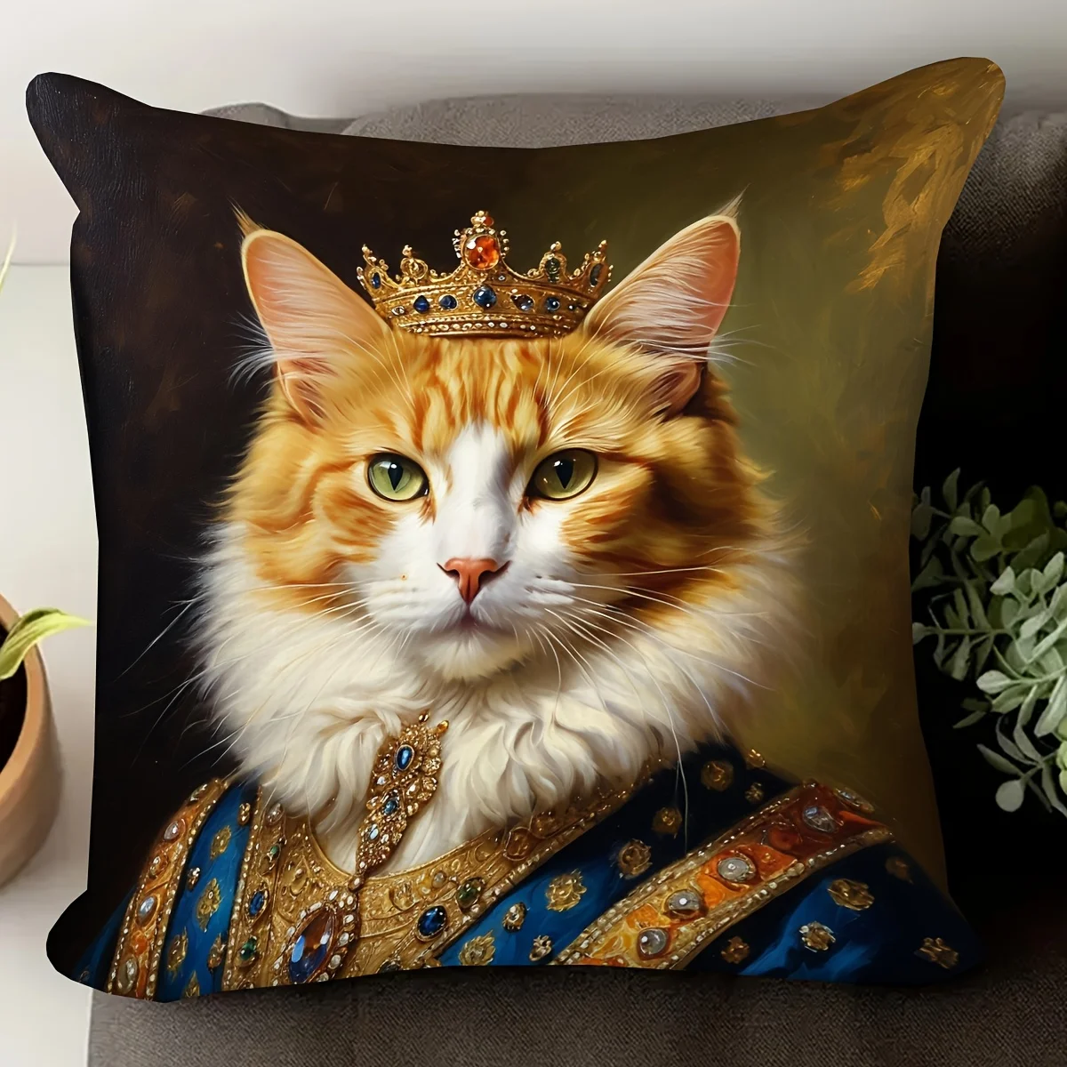 1PC Orange Cat with Crown Ethnic Decor Pillowcase, Cushion Cover (No Filler), Rustic Style for Holiday Home Decor