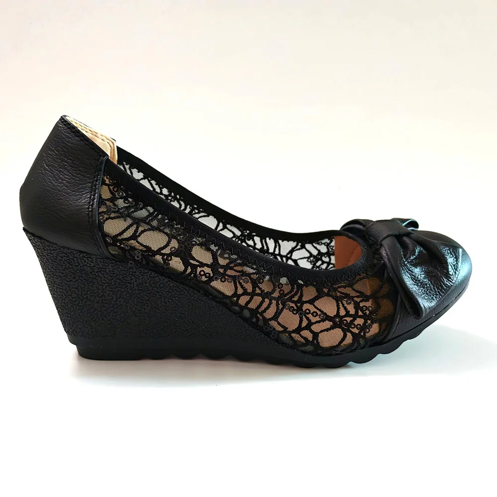 Black Lace Bow Wedge Heels for Women Breathable Platform Pumps Elegant Ladies Dress Shoes Office Party Wedge Heels 7cm D922
