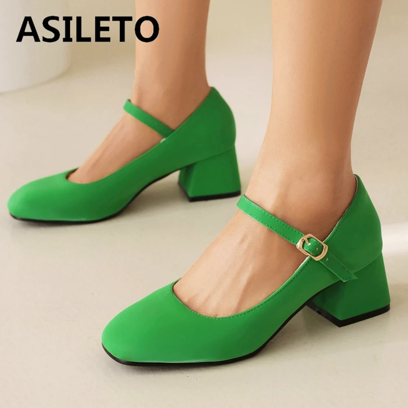 ASILETO Design Office Lady Pumps Square Toe Block Heels 5cm Buckle Strap Large Size 44 45 46 47 Soft Daily Women Shoes