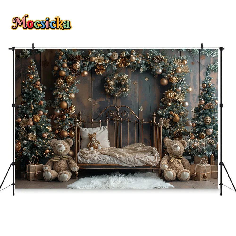 Mocsicka Christmas Photography Background Baby Show Brown Headboard Backdrop Green Xmas Tree Garland Toy Bear Photo Studio Booth