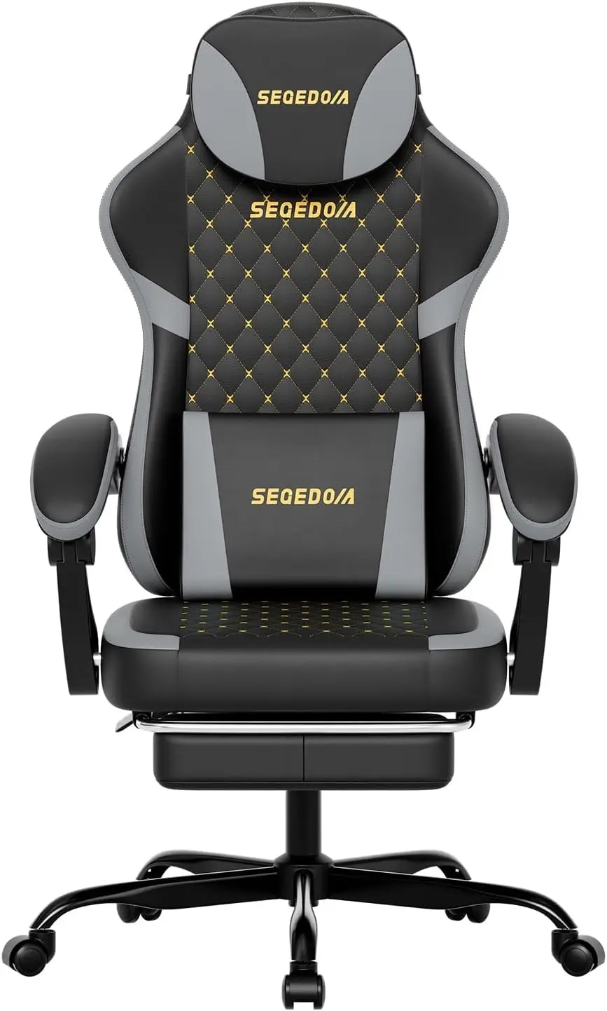 Ergonomic Gaming Chair with Footrest & Massage Lumbar Pillow, Height Adjustable 360° Swivel Computer Chair, Linked Armrest & Headrest for Office Gaming (Black Green image 6