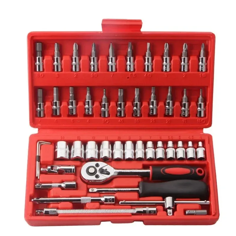 Voor 46 Stuks Reparatie Tool Kit Ratel Momentsleutel Spanner Schroevendraaier Socket Set Combo Gereedschap Kit Fiets Auto Repareren Tool Mech