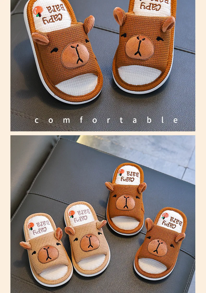 Capybara Kinder-Leinenhausschuhe Frühling Herbst Rutschfeste Weiche Sohle für Jungen Mädchen Eltern-Kind Hausschuhe Damen Bodenschuhe – Detail 6