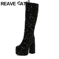 REAVE CAT Party Knee High Boots Round Toe Chunky Heels 14cm Platform Hill Glitter Slip On Large Size 45 46 47 Night Club Bota