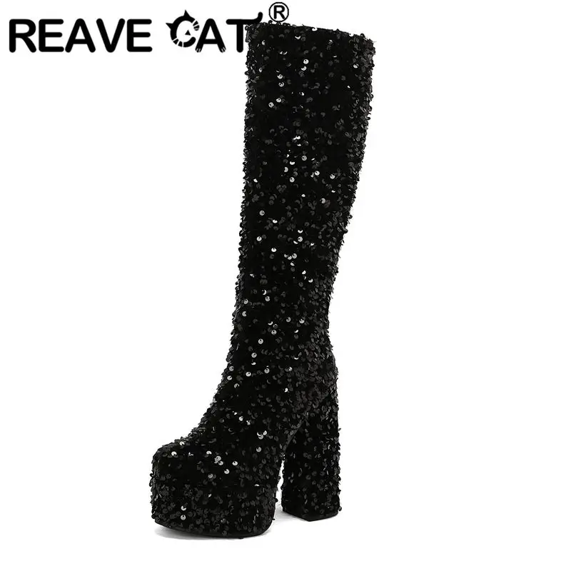 REAVE CAT Party Knee High Boots Round Toe Chunky Heels 14cm Platform Hill Glitter Slip On 45 46 47 Club Bota