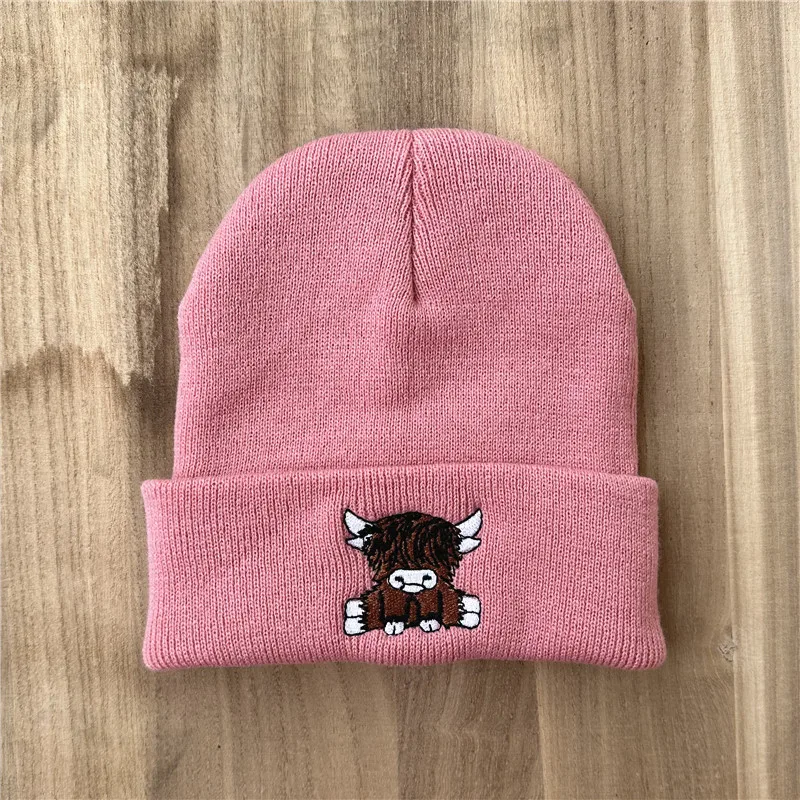 Unisex-Mütze mit Highland-Kuh-Stickerei, weiche warme Strickmütze für den Herbst und Winter – Detail 11