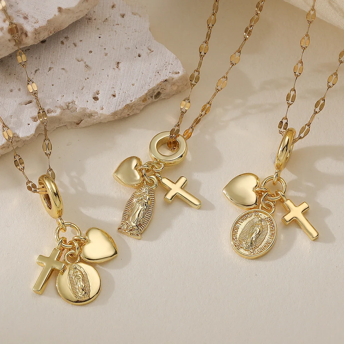 New Arrive Gold Multi Charm Virgin Mary Cross Heart Pendant Necklace 3 Styles Dainty Ins Stackable Layering Jewelry