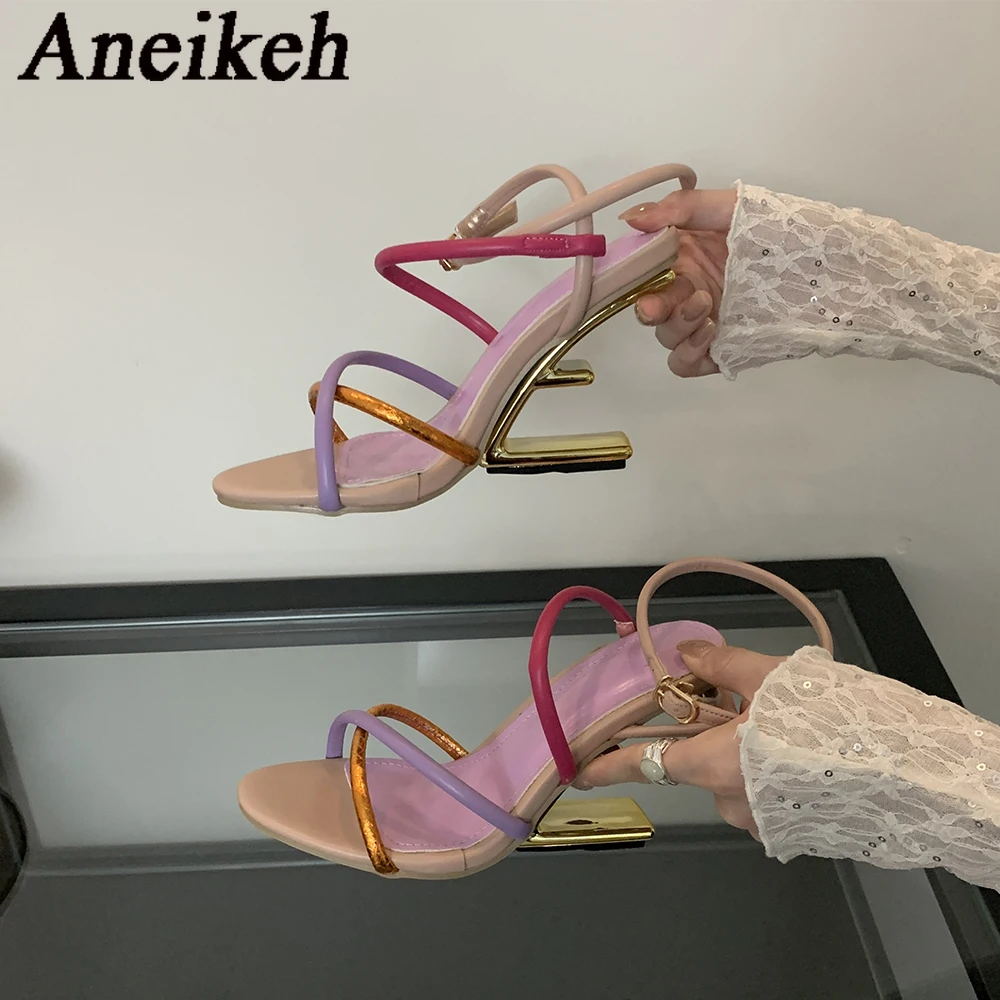 Aneikeh Summer Fashion Fretwork Heels Cross Striped Color Blocked High-heeled Sandals Women Ankle Buckle Strap Gladiator Shoes