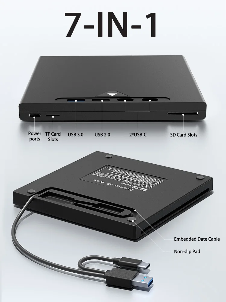 7-IN-1 External Blu ray Drive Support 100GB BD/CD/DVD Read and Write Optical Drive CD Player Burner for Laptop PC Windows Mac OS