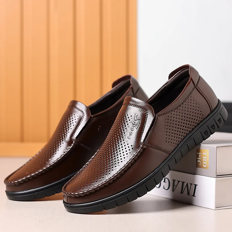 Breathable top layer cowhide Black Leather Perforated Lace Up Chunky Sole Formal Business Office Breathable Summer Shoes Simple