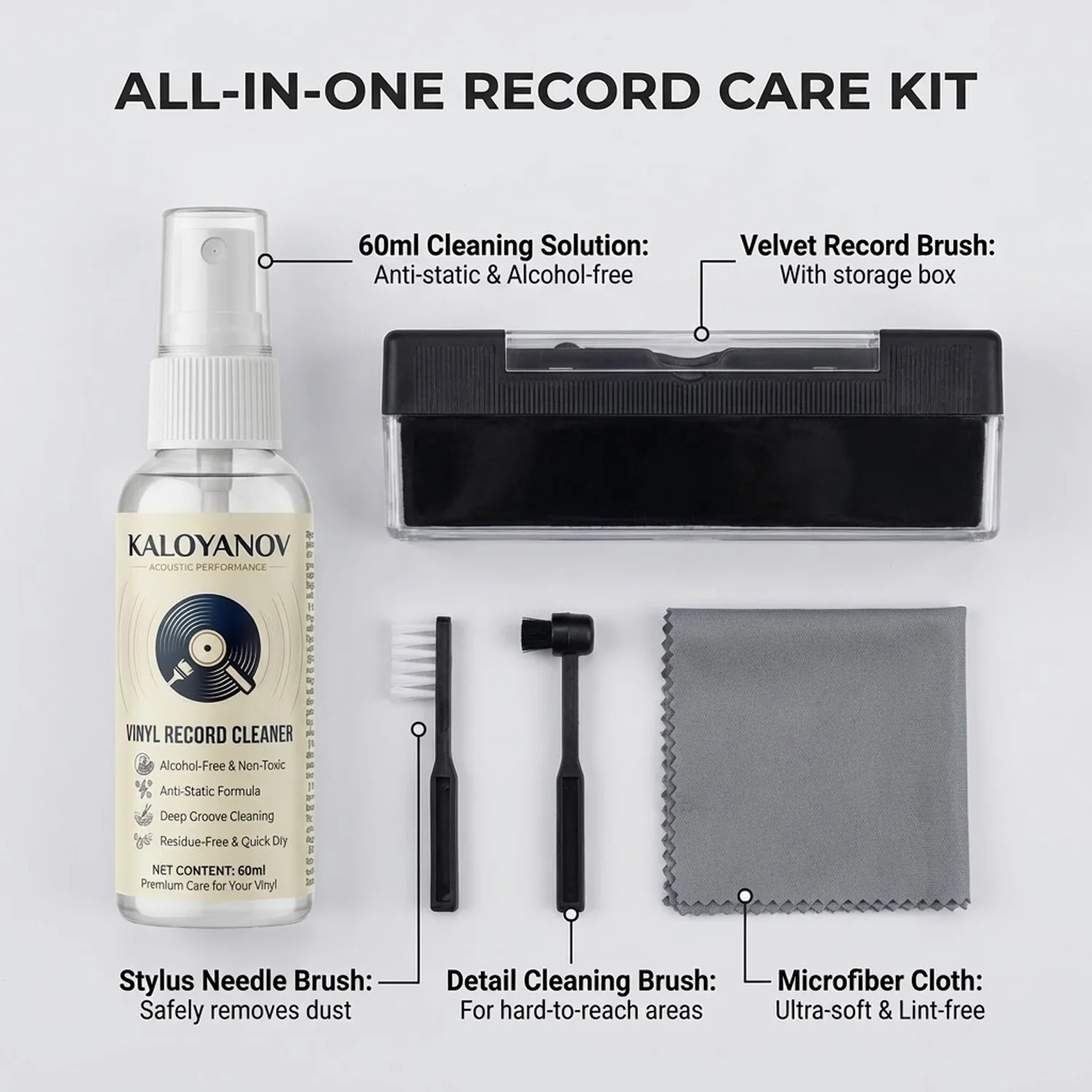 Anti-Static Vinyl Record Cleaner Kit Alcohol-Free Turntable Spray Velvet Brush Stylus Needle Microfiber Cloth For LP Player - view 2