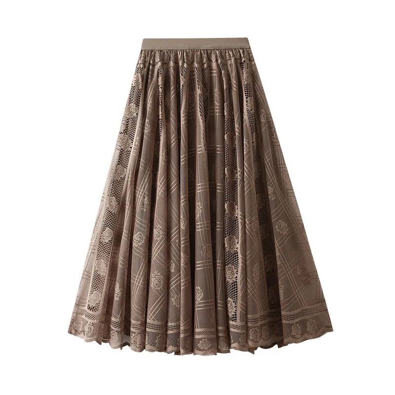 

Women's Draped Thin Lace Skirt, A-line Skirt, Pleated, Mesh, Long, Korean, New Style, Spring, 2024