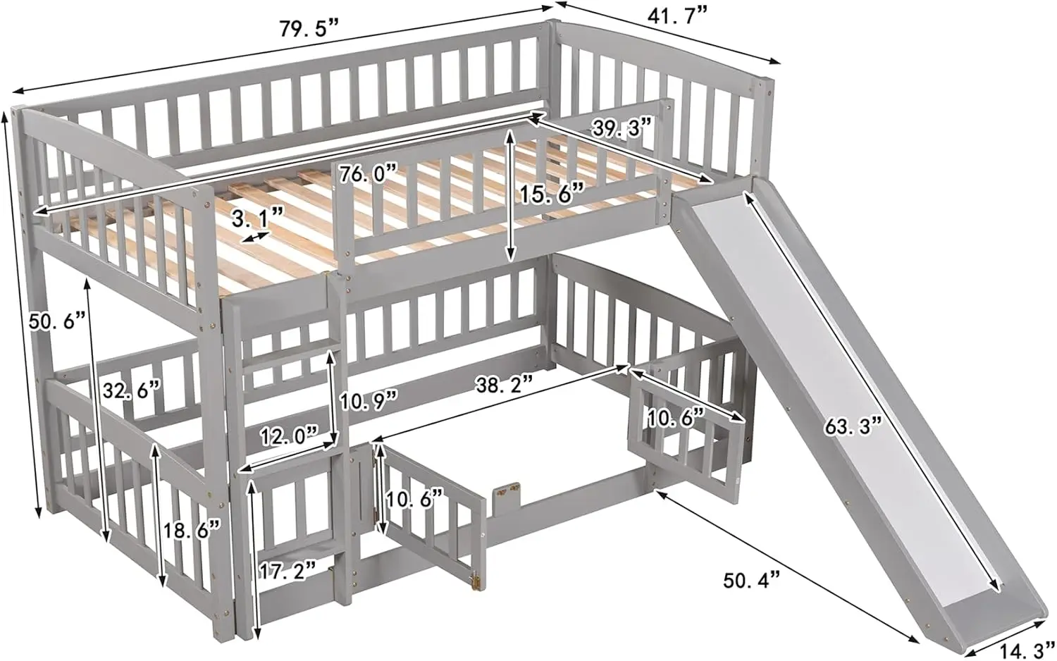 Laag stapelbed met glijbaan Twin Over Twin stapelbedden voor kinderen, peuters, houten vloerbedden frame met rails voor jongens meisjes tieners, grijs