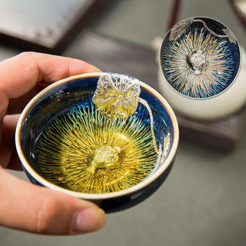 Gold Celestial Eye Glaze Teacup Rabbit Hair Cup Inlaid with Silver Master Cup Kiln-turned Single Cup Twelve Zodiac Silver Cup