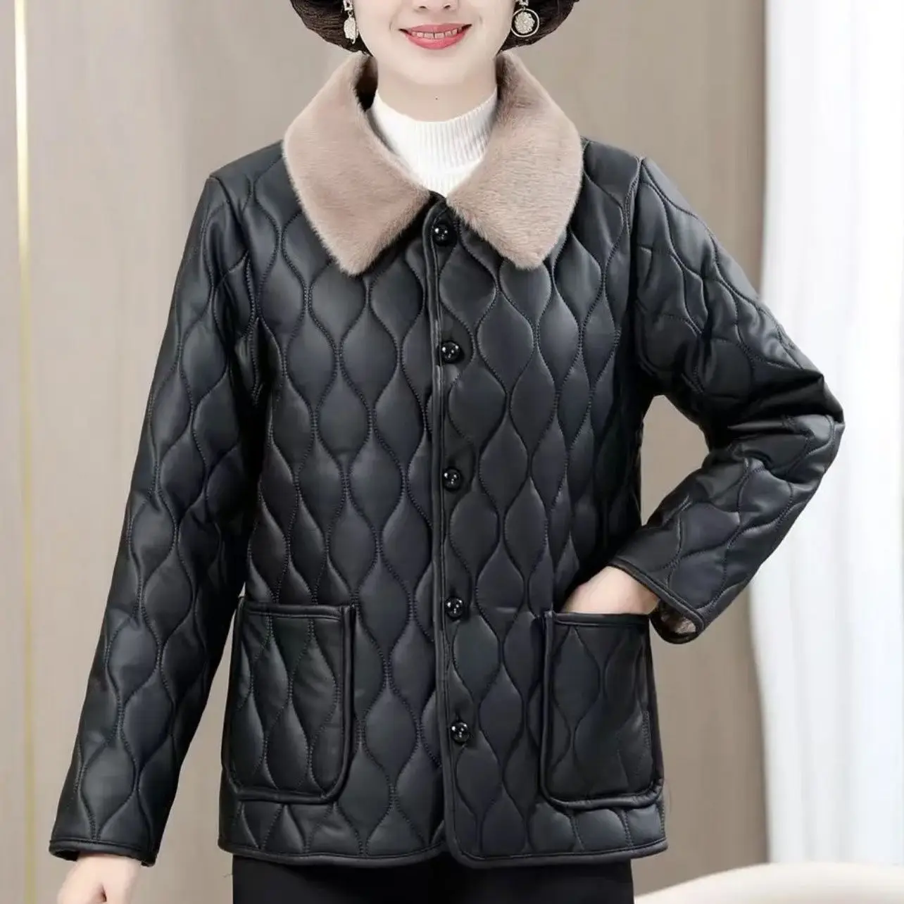 Winter New Women's PU Leather Cotton Jacket Slim Fit Warm Oversized Jacket