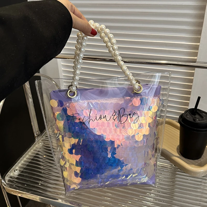 PVC Transparent Laser Tote Bags with Pearl Top Handle for Women 2024 Trend Sparkly Sequins Bucket Bags Shoulder Messenger Purse