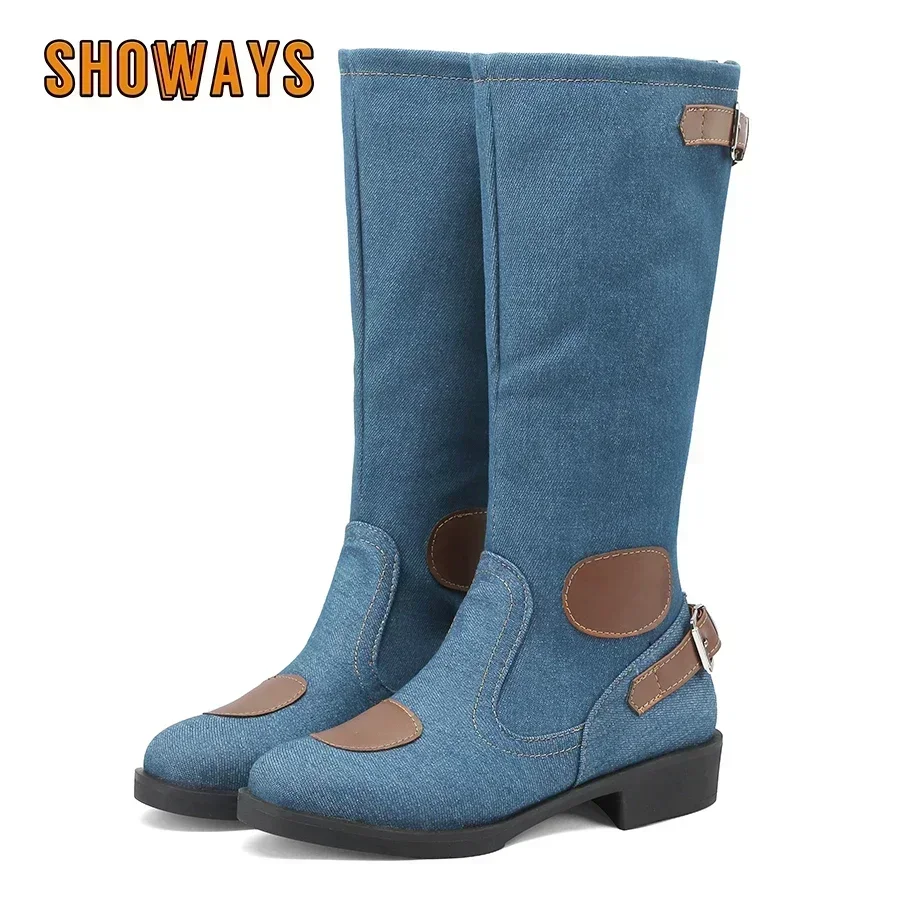 Blue Denim Winter Women Mid-calf Boots Black Jeans Low Square Heels Round Toe Dress Lady Patchwork Buckle Belt Zipper Half Boots