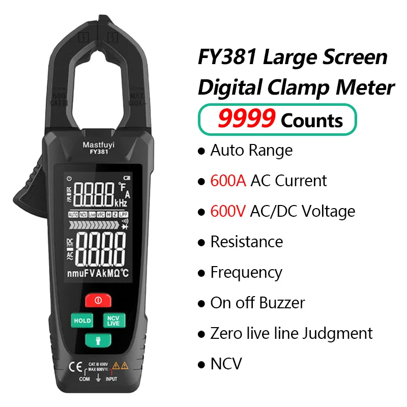 FY381 FY382 Digital Clamp Meter 9999 Counts AC Voltage Current True RMS Temp Capacitance Ohm Hz NCV Large Screen Multimeter