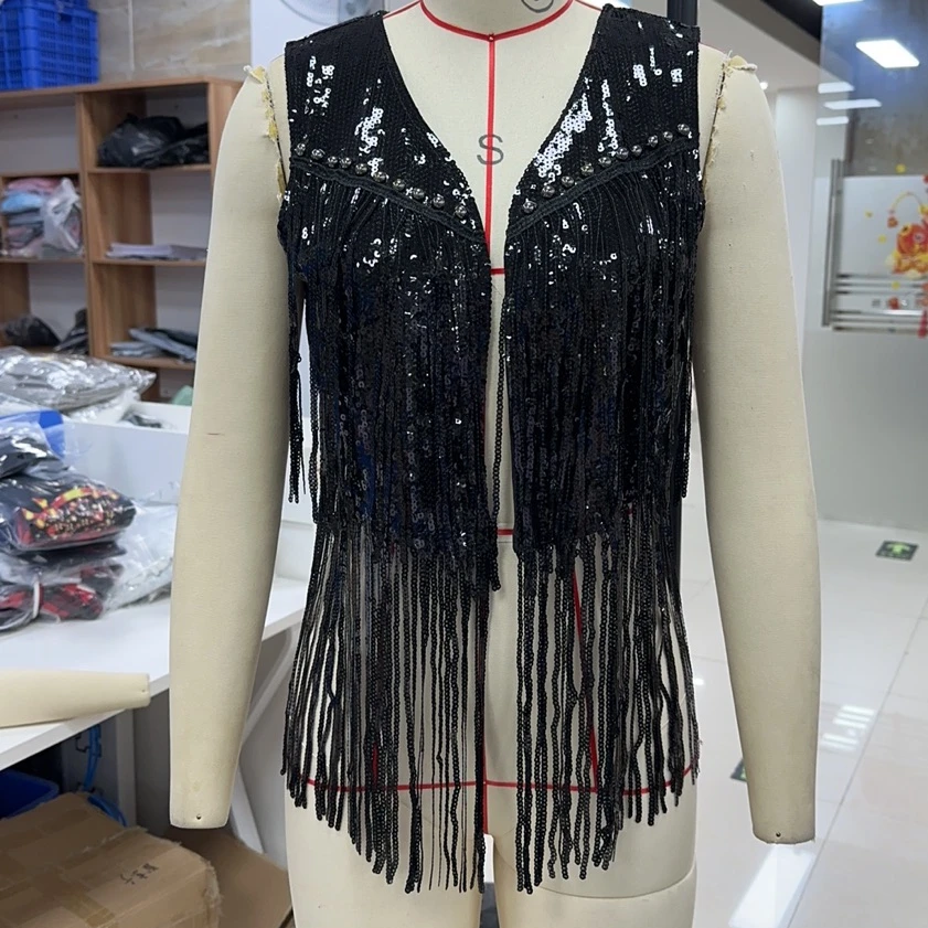 

Новый бирюзовый жилет без рукавов, женский топ на бретелях с длинной бахромой и металлическими блестками, летние повседневные вечерние топы, облегающие топы на выход