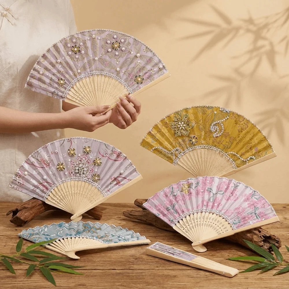 Traditional Pearl Folding Fan Portable Butterfly Floral Print Hand Fan DIY Craft Kit Fabric Decorative Fan Party Decoration