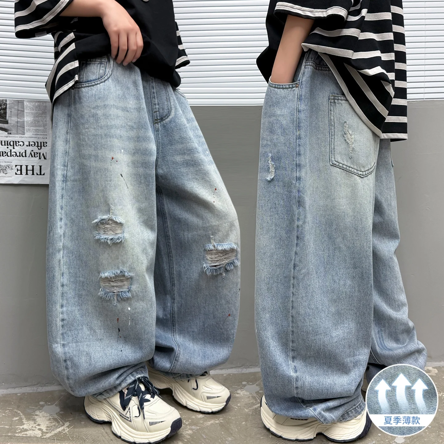 Baby Boys Y2K Straight Jeans Denim Pants for Tweens Toddler Boys Spring Summer Hole Design Trousers Age 4-14 Students Daily Wear