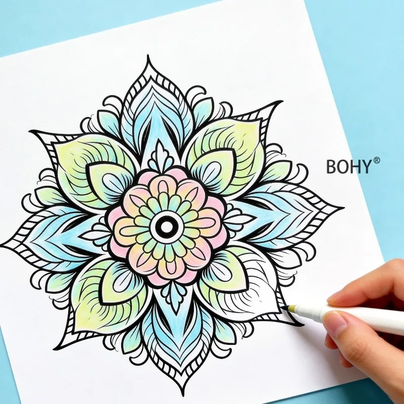 A Mandala Painting Album, with Mandala Lotus Symmetrical Flower Pattern Theme Thread Painting Patterns, 12 Pages, Large-sized