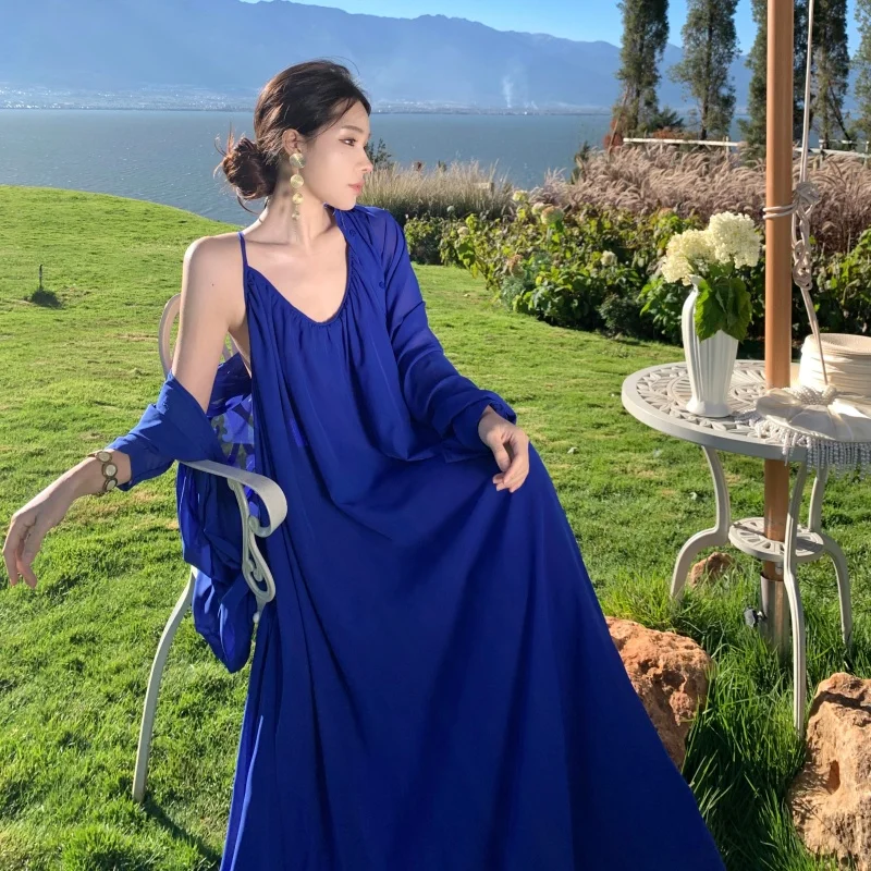 

Сексуальное свободное платье без бретелек для отпуска на острове, женский комплект из синей солнцезащитной рубашки и длинного платья из полиэстера и шифона