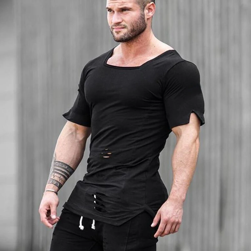 Men Running Sport Hip Hop Hole T-Shirt Cotton Breathable Short Sleeve Square Collar Shirt Gym Bodybuilding Fitness Slim Fit Tops