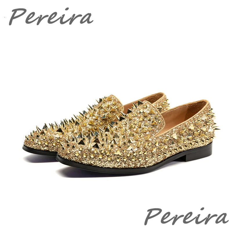 

Shiny Gold Spiked Shoes Round Toe Rivet Studded Sequined Flats Fashion Luxury Slip On Loafers Wedding Party Male Men Flat Shoes