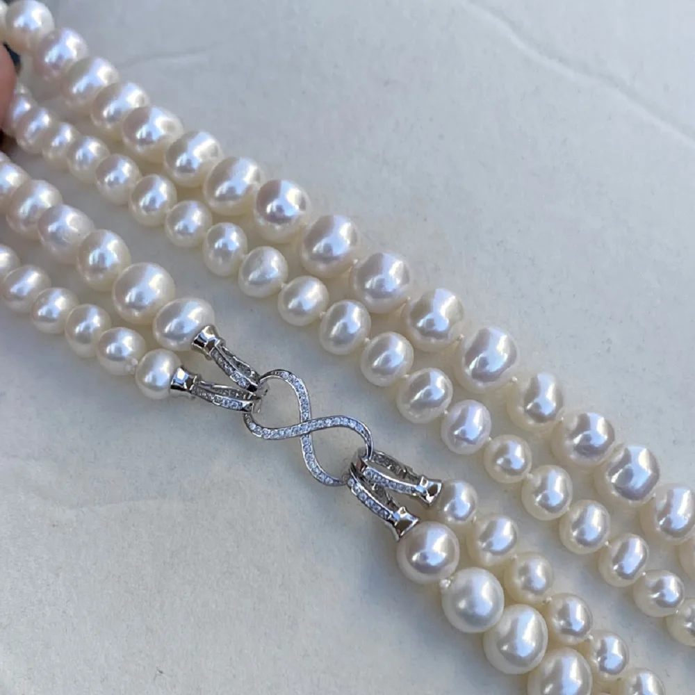 

Detachable Classic Necklace AAAA6-7+8-9mm Natural Japanese Pearl Double Layer Necklace 45-48cm/925s